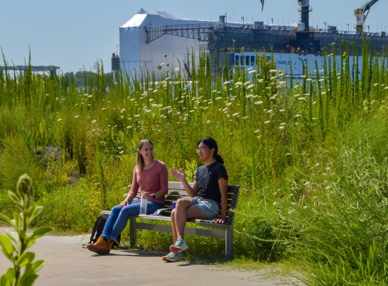 Two people sitting on a bench in the Water Street Open Space on a sunny day. The Elizabeth River is behind them. There are native shrubs, grasses, and flowers surrounding them.